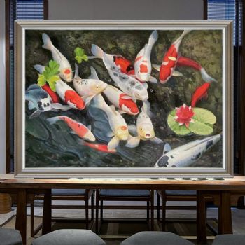 九鱼图高品质锦鲤图动物小写意纯手绘油画寓意前程似锦实木画框