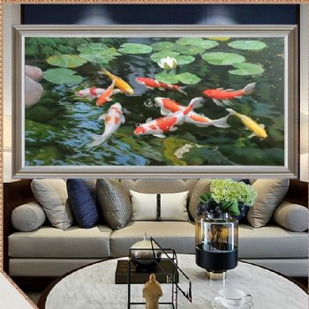 荷花塘高品质锦鲤图动物九鱼图纯手绘油画寓意前程似锦和气生财实木画框