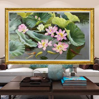 精品手绘写实风景油画荷花池锦鲤图寓意和和美美和气生财年年有余