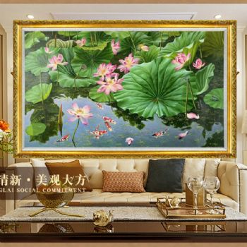 新中式手绘写实荷花池风景油画寓意和气生财年年有余实木框