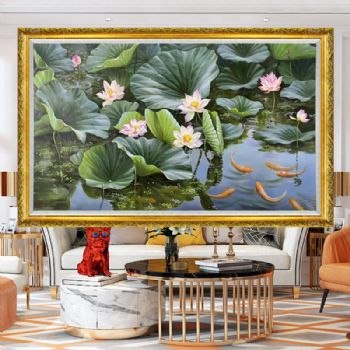 写实风景油画纯手绘风景画荷花池锦鲤风景油画大厅挂画