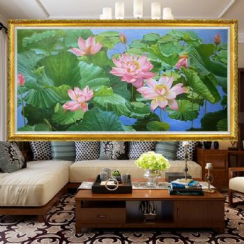 纯手绘风景画荷花池风景油画写实风景油画作品实木画框