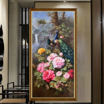 纯手绘静物写实花卉油画新中式孔雀牡丹油画花开富贵吉祥孔雀图