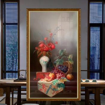 鸡冠花纯手绘静物写实花卉油画多子多福葡萄石榴新中式油画