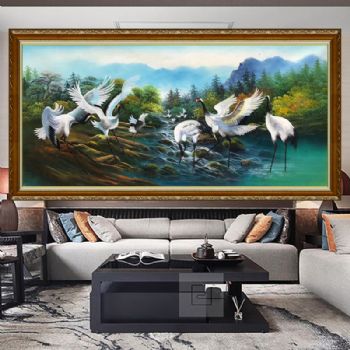 新中式纯手绘动物写意油画一品鸟仙鹤图寓意延年益寿幸福吉祥