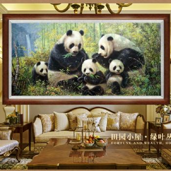 新中式精品写实动物油画纯手绘熊猫一家亲幸福美满实木画框