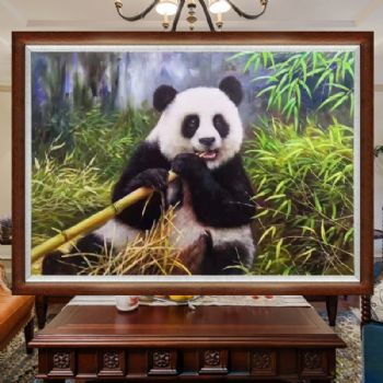 正在享用的熊猫纯手绘写实动物油画适合餐厅的精品油画