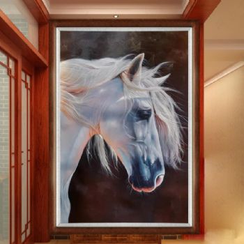 精品纯手绘写实动物油画白马图马到成功一马当先实木画框