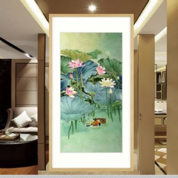 精品四尺工笔国画荷花池鸳鸯图纯手绘国画实木画框