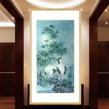 纯手绘工笔国画精品仙鹤竹林图寓意鹤寿延年节节高升原木色画框