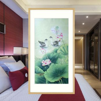 精品工笔四尺纯手绘风景国画荷花池里的大鹅寓意和谐幸福实木画框