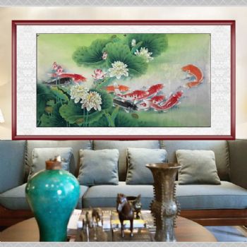 纯手绘六尺整张工笔九鱼图适合客厅的水墨国画