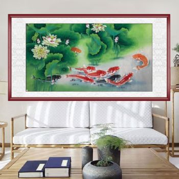 荷花池九鱼图纯手绘六尺整张工笔适合客厅的水墨国画适合大厅的新中式纯手绘荷花风景水墨国画