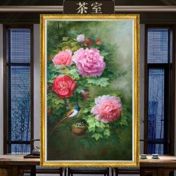精品写实油画纯手绘牡丹图花开富贵合家幸福团圆花鸟油画