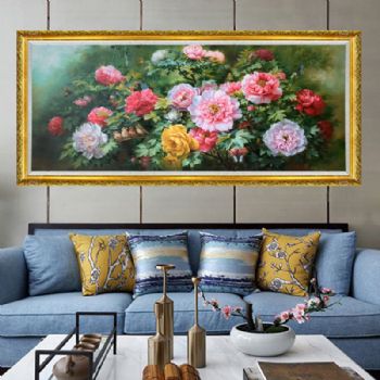 新中式精品写实花鸟油画纯手绘牡丹图合家幸福团圆花鸟油画