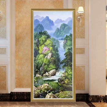 青山绿水风景油画纯手绘高品质山水画实木画框