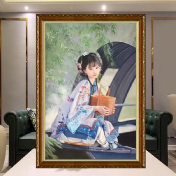 新中式古典写实人物油画纯手绘人物油画小船上的美女图