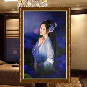 精品纯手绘人物油画蓝色美女图写实人物油画实木画框