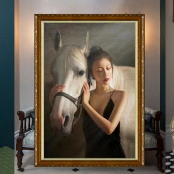 女孩与白马纯手绘写实人物油画作品美女图实木画框
