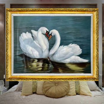 精品天鹅动物写实油画恩爱夫妻床头挂画纯手绘实力画家油画作品
