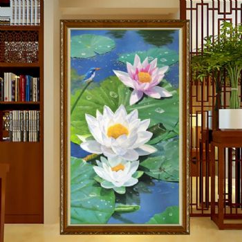 精品荷花池风景油画纯手绘实力画家油画作品实木画框