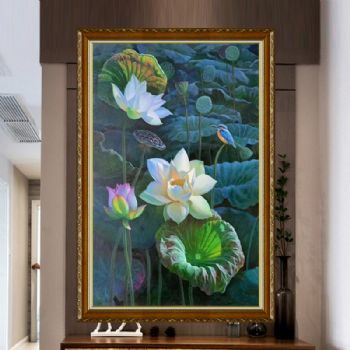 新中式纯手绘荷花池风景油画寓意和和美美和气生财实木画框