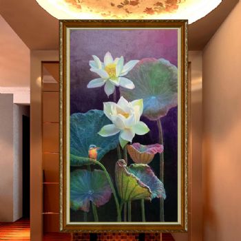 新中式风景油画作品纯手绘荷花池写实油画一团和气实木画框