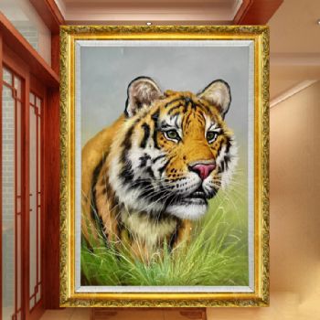 写实动物油画纯手绘精品老虎油画虎虎生威实木金色画框
