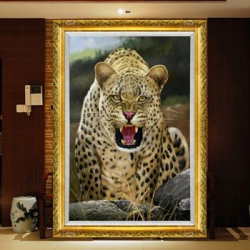 霸气十足的豹子图精品动物写实油画实力画家作品实木画框