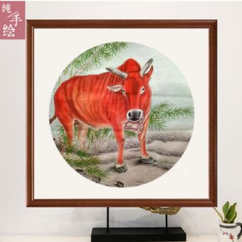 纯手绘国画工笔四尺斗方花鸟扇面公牛图勤奋努力书房挂画柚木画框