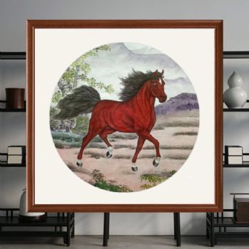 马到成功纯手绘国画工笔四尺斗方花鸟扇面奔马图努力办公室挂画柚木画框