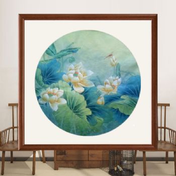 荷花池风景纯手绘国画工笔四尺斗方花鸟蜻蜓立枝头荷花图柚木画框