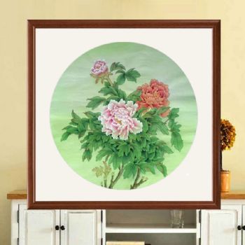 花开富贵纯手绘国画工笔四尺斗方花鸟扇面牡丹图实木柚木画框