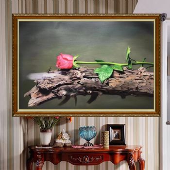 精品纯手绘写实静物油画独守一枝玫瑰对爱情忠一卧室油画实木画框