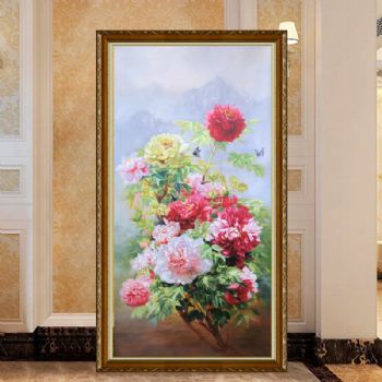 高品质手绘花卉油画牡丹图玄关油画新中式花开富贵牡丹花实木画框