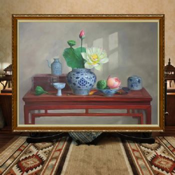 新中式纯手绘静物写实油画青花瓷荷花图寓意富贵吉祥平安实木画框