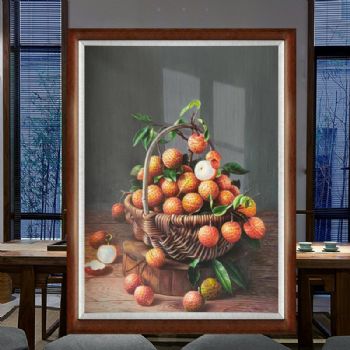 超写实新中式纯手绘水果静物油画一筐荔枝油画作品