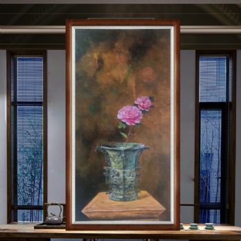 新中式青铜器摆件静物写实油画创意花卉油画实木画框