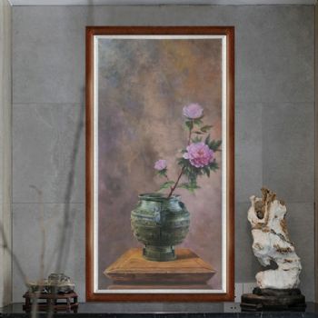 茶楼创意花卉油画新中式青铜器摆件静物写实油画实木画框