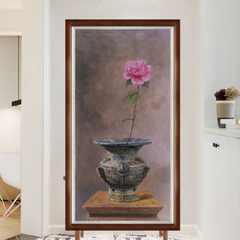 精品新中式青铜器里的花朵摆件静物超写实油画实木画框