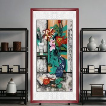 新中式纯手绘水墨国画拔墨水彩四尺写意荷花图实木画框