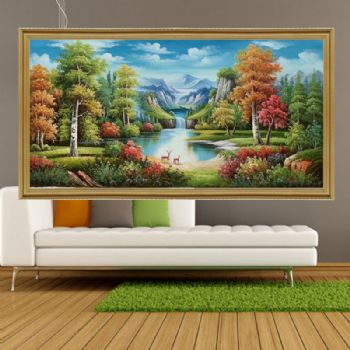 美式风景油画纯手绘厚肌理山水风景画路路高升聚宝盆实木画框