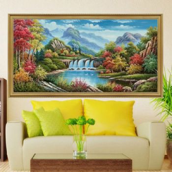 纯手绘美式风景油画厚肌理山水风景画聚宝盆实木画框