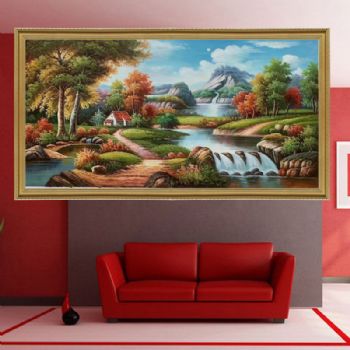 安居乐业美式风景油画纯手绘厚肌理山水风景画聚宝盆实木画框