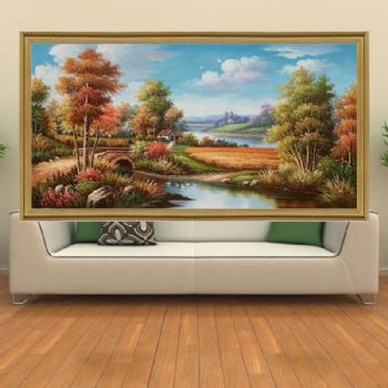 幸福和谐天鹅风景油画作品纯手绘山水油画安居乐业风景油画实木画框