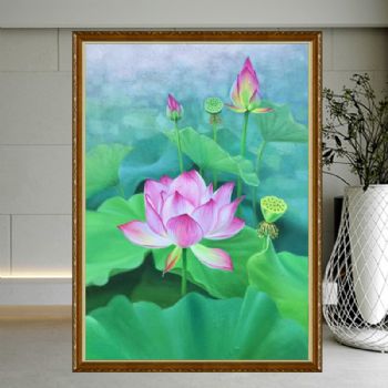 纯手绘写实风景油画荷花图玄关挂画新中式花卉油画实木画框