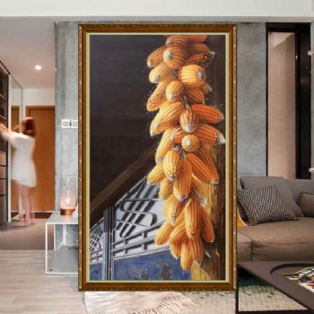 新中式静物写实油画挂在房檐下的玉米图寓意年年丰收实木画框