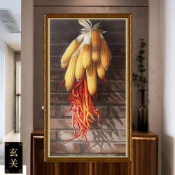 纯手绘油画挂在房檐下的玉米与辣椒图寓意年年丰收红红火火实木画框