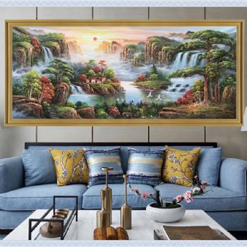 新中式纯手绘大厅客厅风水油画聚宝盆仙鹤松柏油画实木画框