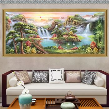 纯手绘大厅客厅风水油画小桥流水人家聚宝盆仙鹤松柏油画实木画框